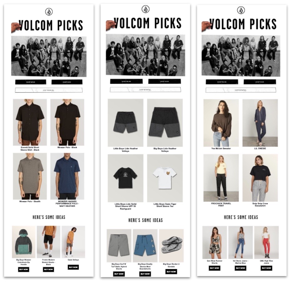 Examples of Volcom’s tests for personalized product recommendations